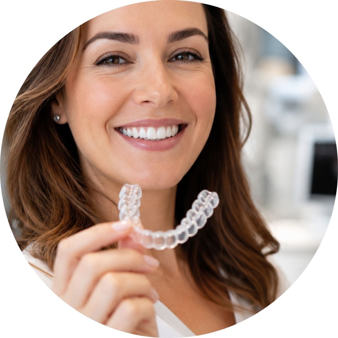 Paciente adulta mostrando alineador Invisalign en clínica dental de Albacete, tratamiento de ortodoncia invisible en Clínica Rafael Pla